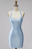 Light Blue Halter Corset Bodycon Short Homecoming Dress with Beading