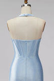 Light Blue Halter Corset Bodycon Short Homecoming Dress with Beading