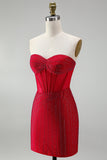 Red Corset Bodycon Strapless Beaded Short Homecoming Dress with Lace up Back