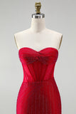 Red Corset Bodycon Strapless Beaded Short Homecoming Dress with Lace up Back