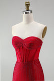 Red Corset Bodycon Strapless Beaded Short Homecoming Dress with Lace up Back