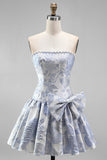 Dusty Blue Jacquard Pearls A-Line Strapless Short Homecoming Dress with Bow