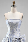 Dusty Blue Jacquard Pearls A-Line Strapless Short Homecoming Dress with Bow