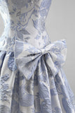 Dusty Blue Jacquard Pearls A-Line Strapless Short Homecoming Dress with Bow