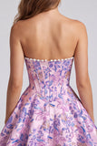 Lilac Corset Floral Jacquard Pearls A-Line Strapless Short Homecoming Dress