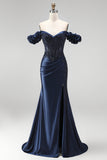 Navy Off the Shoulder Appliques Corset Satin Beaded Long Prom Dress with Slit