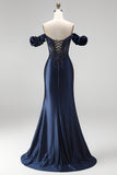 Navy Off the Shoulder Appliques Corset Satin Beaded Long Prom Dress with Slit