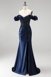 Navy Off the Shoulder Appliques Corset Satin Beaded Long Prom Dress with Slit