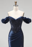 Navy Off the Shoulder Appliques Corset Satin Beaded Long Prom Dress with Slit