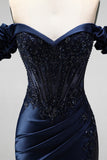 Navy Off the Shoulder Appliques Corset Satin Beaded Long Prom Dress with Slit