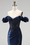 Navy Off the Shoulder Appliques Corset Satin Beaded Long Prom Dress with Slit
