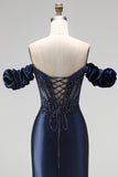 Navy Off the Shoulder Appliques Corset Satin Beaded Long Prom Dress with Slit