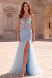 Light Blue Sequins Corset Mermaid Sheer Beaded Tulle Strapless Long Prom Dress with Slit