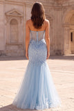 Light Blue Sequins Corset Mermaid Sheer Beaded Tulle Strapless Long Prom Dress with Slit