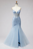 Light Blue Sequins Corset Mermaid Sheer Beaded Tulle Strapless Long Prom Dress with Slit