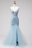 Light Blue Sequins Corset Mermaid Sheer Beaded Tulle Strapless Long Prom Dress with Slit