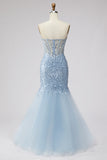 Light Blue Sequins Corset Mermaid Sheer Beaded Tulle Strapless Long Prom Dress with Slit