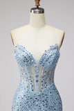 Light Blue Sequins Corset Mermaid Sheer Beaded Tulle Strapless Long Prom Dress with Slit
