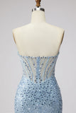 Light Blue Sequins Corset Mermaid Sheer Beaded Tulle Strapless Long Prom Dress with Slit