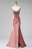 Pink Mermaid Corset Satin Ruched Strapless Prom Dress with Slit