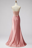 Pink Mermaid Corset Satin Ruched Strapless Prom Dress with Slit