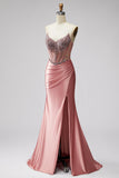 Pink Mermaid Corset Satin Ruched Strapless Prom Dress with Slit