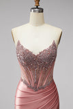 Pink Mermaid Corset Satin Ruched Strapless Prom Dress with Slit