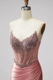 Pink Mermaid Corset Satin Ruched Strapless Prom Dress with Slit