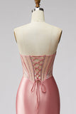Pink Mermaid Corset Satin Ruched Strapless Prom Dress with Slit