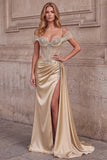 Champagne Mermaid Corset Rhinestone Satin Ruched Long Prom Dress with Slit