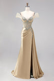 Champagne Mermaid Corset Rhinestone Satin Ruched Long Prom Dress with Slit