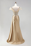 Champagne Mermaid Corset Rhinestone Satin Ruched Long Prom Dress with Slit