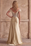 Champagne Mermaid Corset Rhinestone Satin Ruched Long Prom Dress with Slit