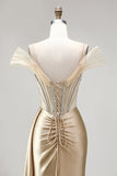 Champagne Mermaid Corset Rhinestone Satin Ruched Long Prom Dress with Slit