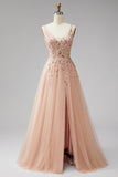 Champagne V-Neck A-Line 3D Floral Appliques Tulle Sequins Maxi Formal Dress with Slit