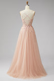 Champagne V-Neck A-Line 3D Floral Appliques Tulle Sequins Maxi Formal Dress with Slit