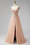 Champagne V-Neck A-Line 3D Floral Appliques Tulle Sequins Maxi Formal Dress with Slit