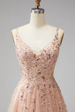 Champagne V-Neck A-Line 3D Floral Appliques Tulle Sequins Maxi Formal Dress with Slit