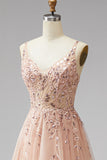 Champagne V-Neck A-Line 3D Floral Appliques Tulle Sequins Maxi Formal Dress with Slit