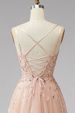 Champagne V-Neck A-Line 3D Floral Appliques Tulle Sequins Maxi Formal Dress with Slit