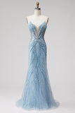 Light Blue Mermaid Pearls Strapless Prom Dress with Beading