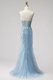 Light Blue Mermaid Pearls Strapless Prom Dress with Beading