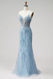 Light Blue Mermaid Pearls Strapless Prom Dress with Beading