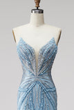 Light Blue Mermaid Pearls Strapless Prom Dress with Beading