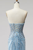 Light Blue Mermaid Pearls Strapless Prom Dress with Beading