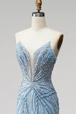 Light Blue Mermaid Pearls Strapless Prom Dress with Beading