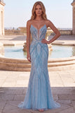 Light Blue Mermaid Pearls Strapless Prom Dress with Beading
