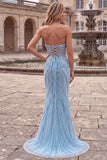 Light Blue Mermaid Pearls Strapless Prom Dress with Beading