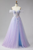 Off the Shoulder Sparkly Lilac Corset Embroidery Pearls Tulle Long Prom Dress with Slit