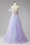 Off the Shoulder Sparkly Lilac Corset Embroidery Pearls Tulle Long Prom Dress with Slit